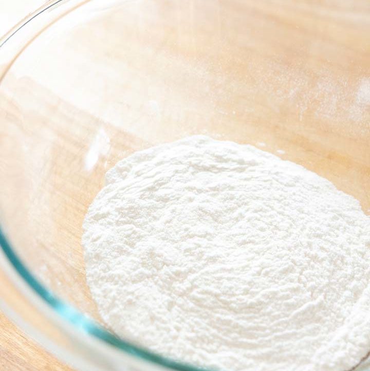 sweet rice flour in a glass mixing bowl