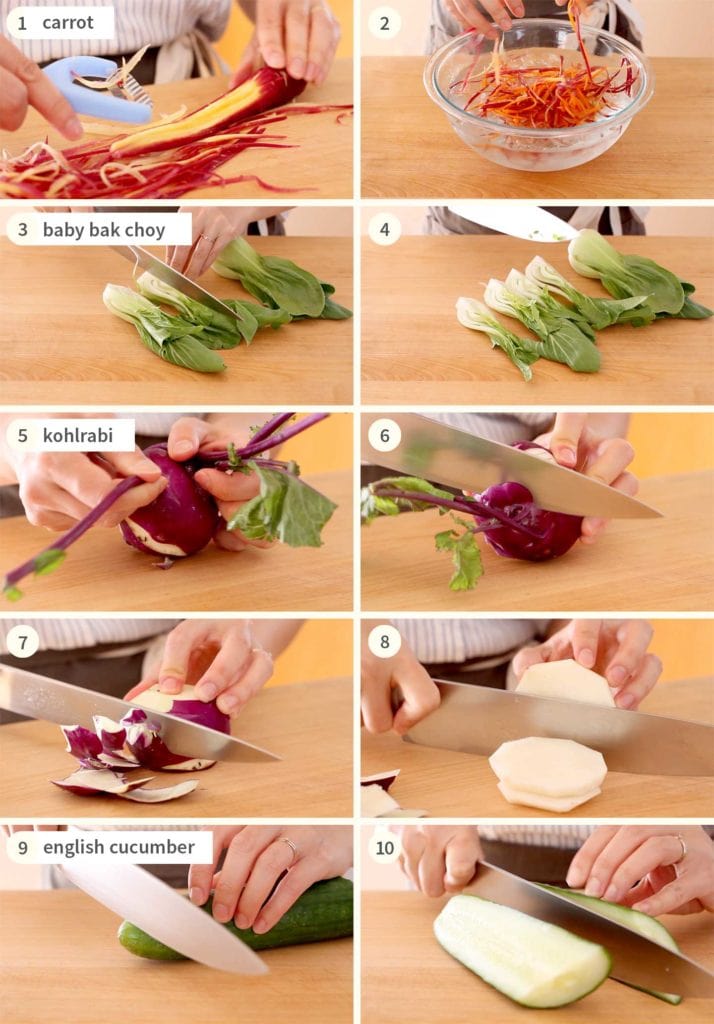 Step-by-step pictures of how to prepare vegetables for this crispy skin salmon grain bowl recipe (slicing carrots with a julienne peeler, cutting baby bok choy, preparing kohlrabi, and cutting cucumber).