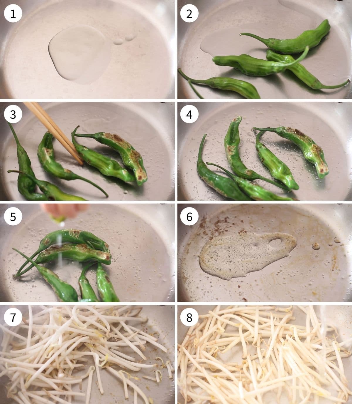 Step by step photos on how to char shishito peppers and stir fry bean sprouts in a saute pan.