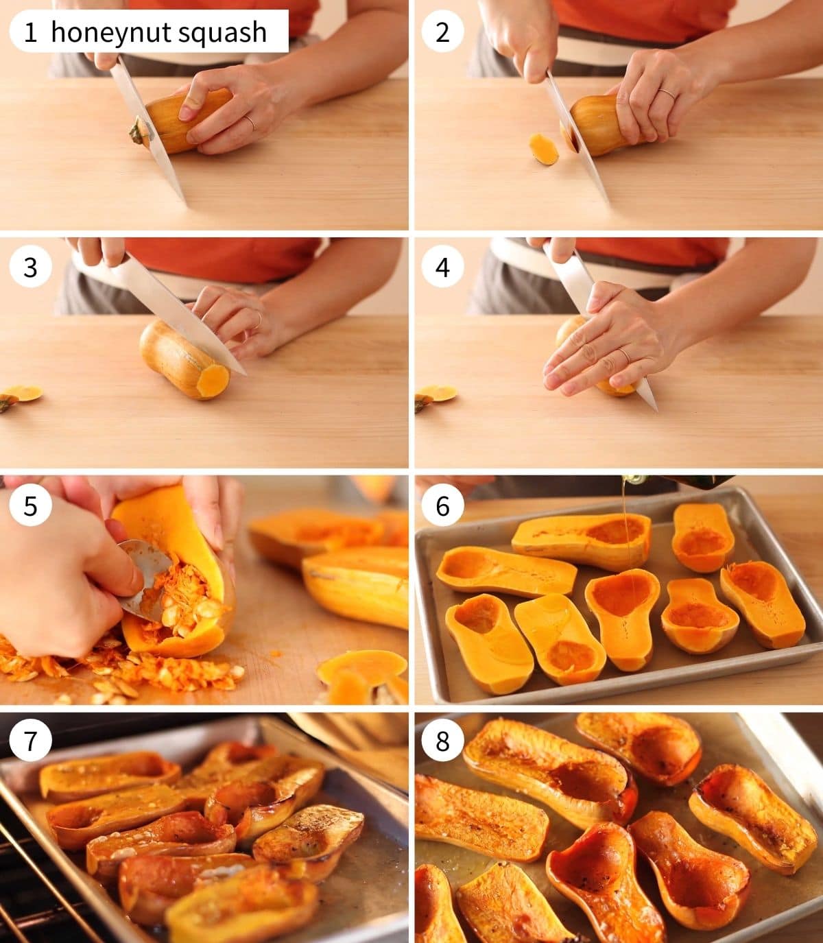 8 step-by-step photos showing how to cut and roast honeynut squash.