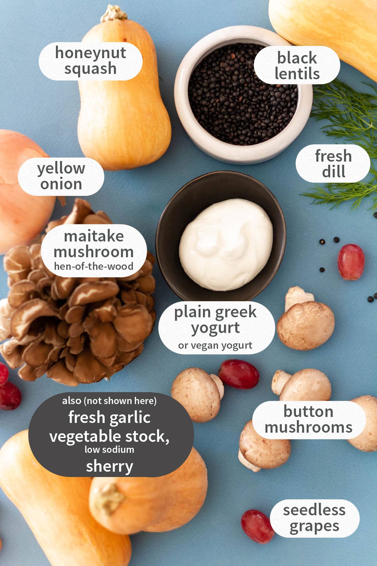 Ingredients for this roasted honeynut squash recipe laid out on a blue background with each ingredient labeled with text.