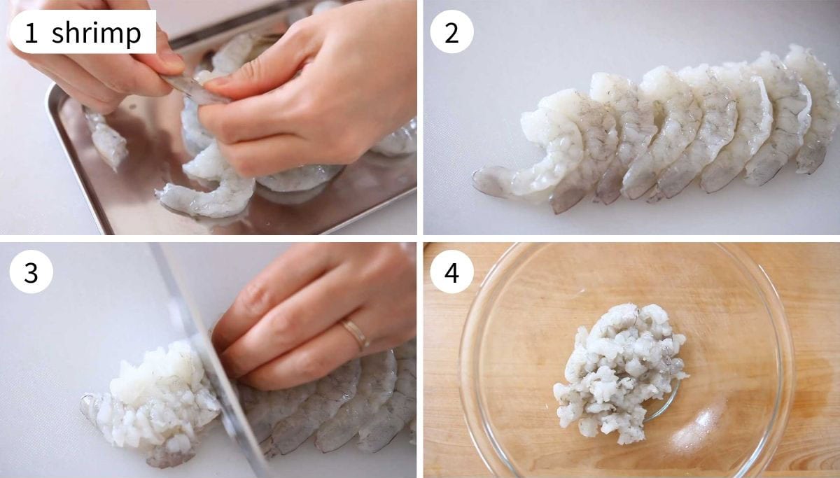 4 step by step photos on removing the shell off the tail of shrimps and the fastest way to cut shrimp.