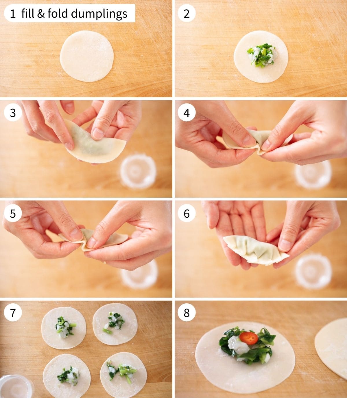 8 step by step photos on how to fill and fold dumplings using pre-made dumpling wrappers.