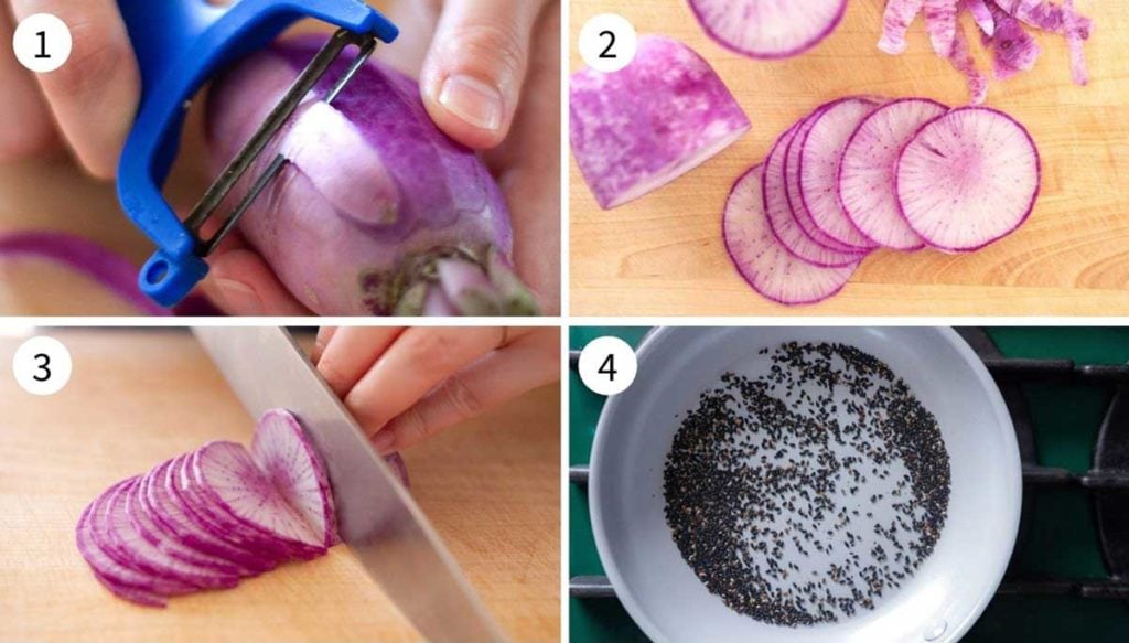 4 step by step photos on how to prepare purple daikon radish (peeling and slicing) and how to toast sesame seeds in a pan.
