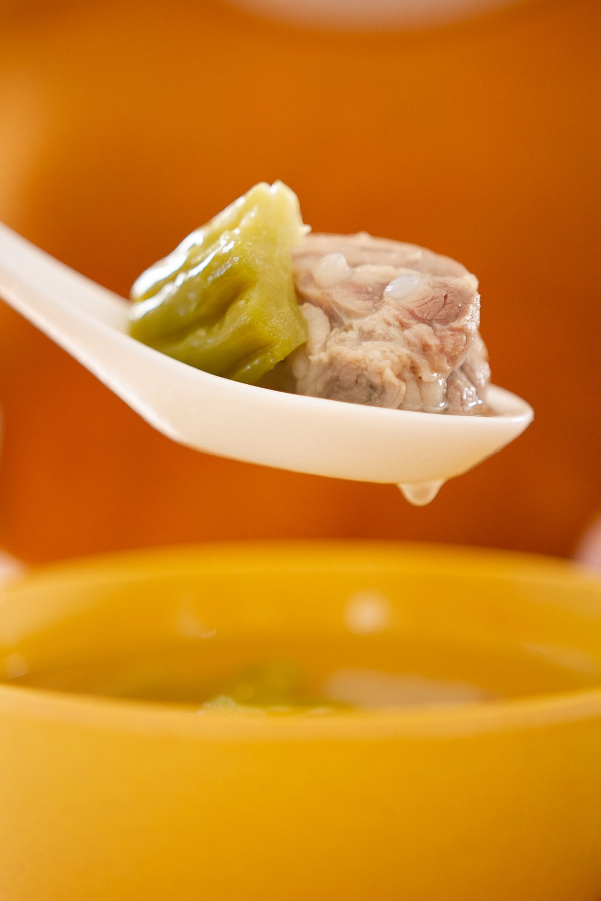 Close up of a spoon filled with a pork rib and a piece of bitter melon, dripping soup into a bowl.
